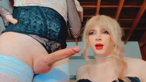 blond sheboy Strokes Her thick Shaft